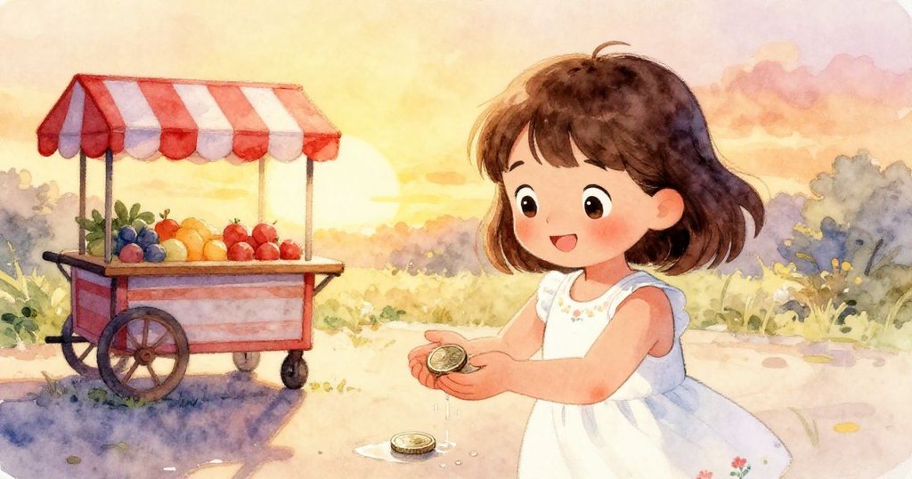 在夕陽金光下，Mia溫柔舉起濕潤閃亮的硬幣，背後的水果推車靜止，展現一天溫馨而充滿希望的落幕。
