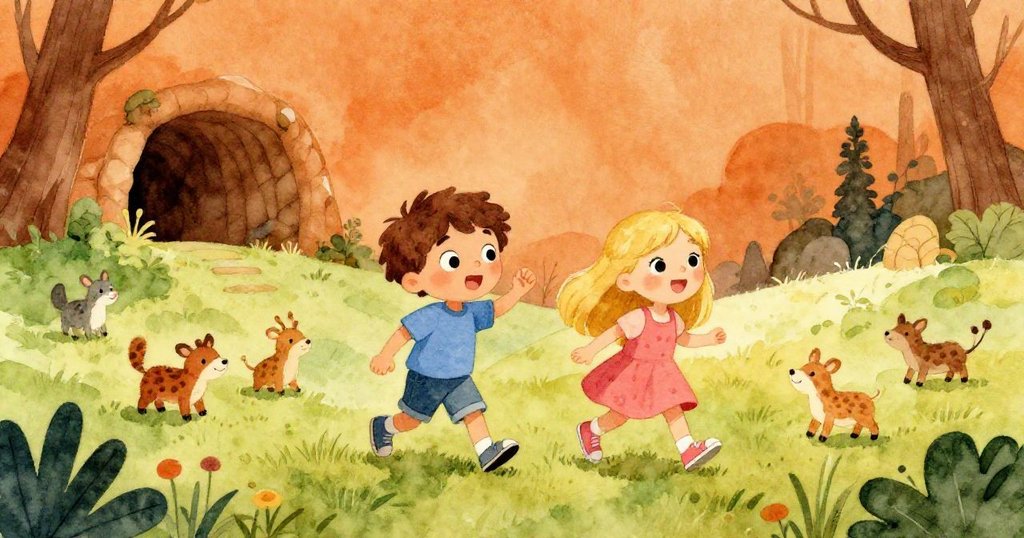 Ben和Lily在綠茵山坡上奔走，小動物環繞，他們臉上充滿好奇與期待的情緒。