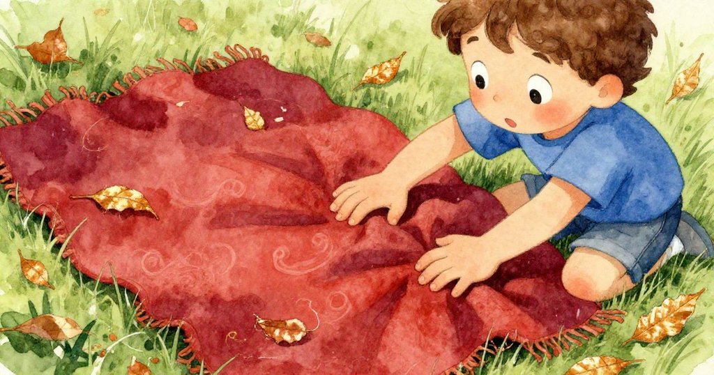 Ben正細心鋪展鮮紅毛毯於草地上，陽光下毛毯輕舞落葉，展現溫柔細膩的舉動。