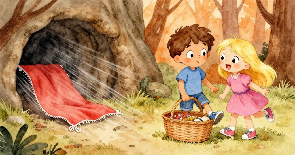 一邊風捲毛毯滑入洞穴，另一邊野餐籃輕撞Ben腿部，Ben和Lily驚訝表情交織，氣氛突變。