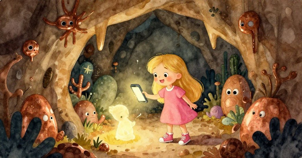 Lily利用手機燈光探照洞穴內部，滴水岩石在微光下展現神秘與溫馨，臉上有緊張好奇神情。