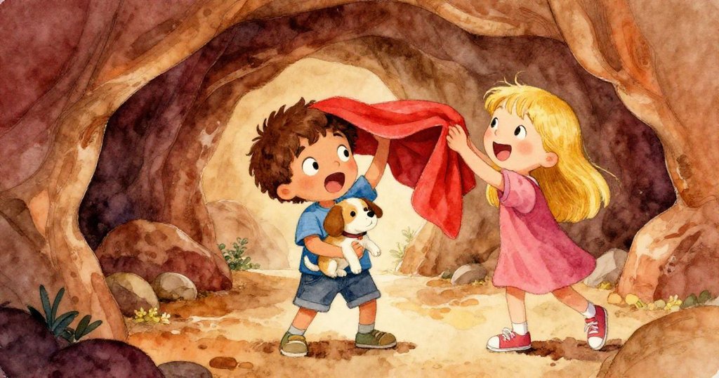 在洞穴邊，Ben興奮地抱起小狗，Lily忙著甩動毛毯清理落葉，兩人表情生動充滿懸念。