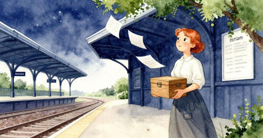 米莉亞站在河畔車站，抱著橡木盒，報紙隨風飛舞，陽光斜照，神秘而期待，呈現不安和探索的初始氛圍。