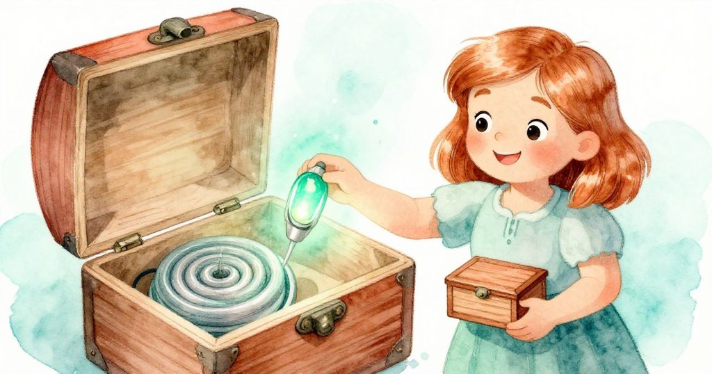 米莉亞打開橡木盒，精緻線圈與綠色LED閃耀，象徵她對科學熱情與認真工藝，充滿自豪與期待。