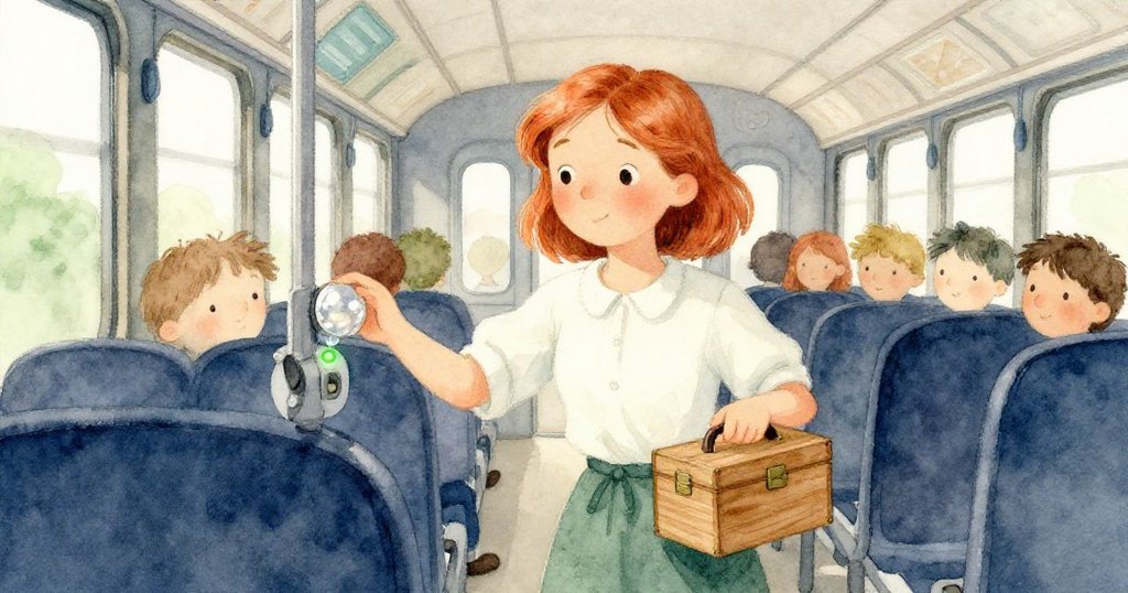 米莉亞在車廂內觀察綠光閃爍，調整水晶旋鈕，眼神充滿期待與小心，周圍乘客朦朧映入窗外風景。