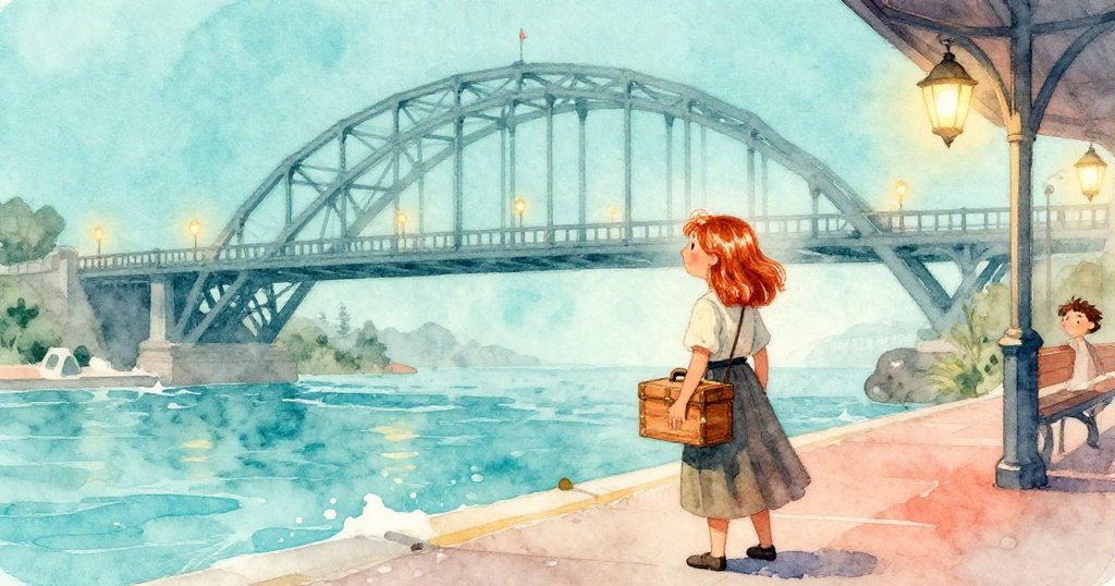 米莉亞回憶著初備裝置時的車站與鐵橋，燈籠點綴懷舊色調，思緒柔和而滿懷決心。