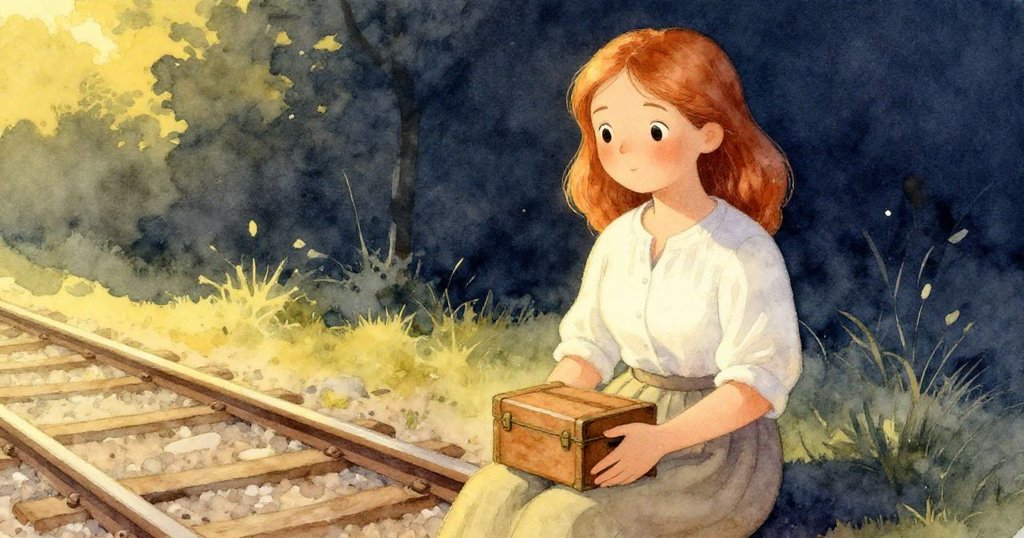 米莉亞安坐於靜謐軌道邊，溫柔黃光映照臉龐，心境平和滿懷感激，歷經波折後歸於寧靜。