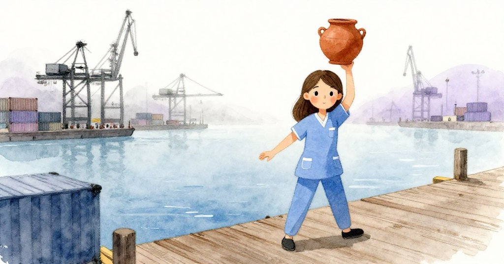 Celia在薄霧籠罩的海港木板道上小心平衡陶罐，臉上流露專注與輕微不安，背景隱現吊車和貨櫃。
