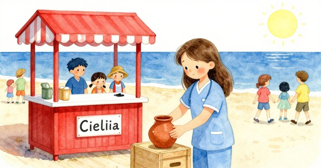 Celia在碼頭售票亭旁將陶罐放於箱上，細心觀察陶罐內露出的乾草，身旁旅客熙攘形成生動對比。