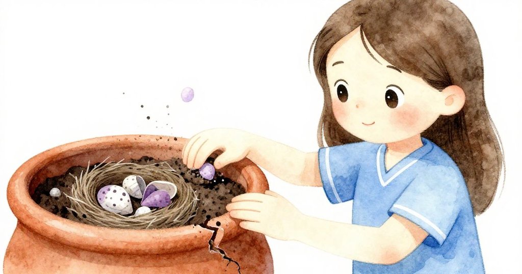 Celia專注地用手輕撥陶罐中露出的乾草，露出細小鳥巢與珍珠般斑點，動作溫柔充滿驚喜。