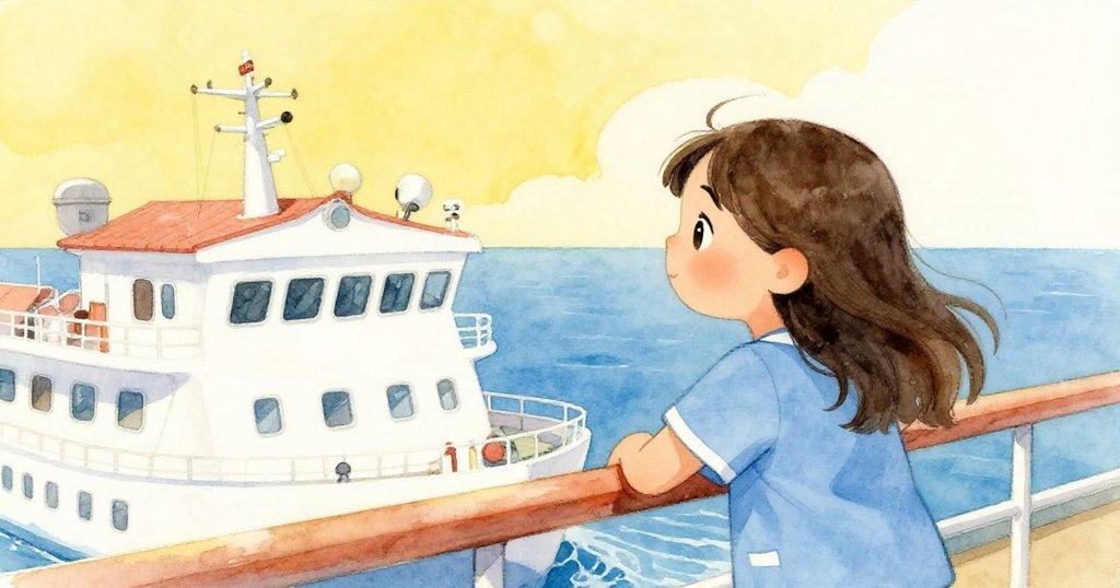 Celia在渡輪甲板上輕倚扶手，凝望遠方漸露的診所屋頂，臉上流露期待與平靜，乘客在旁輕鬆散佈。
