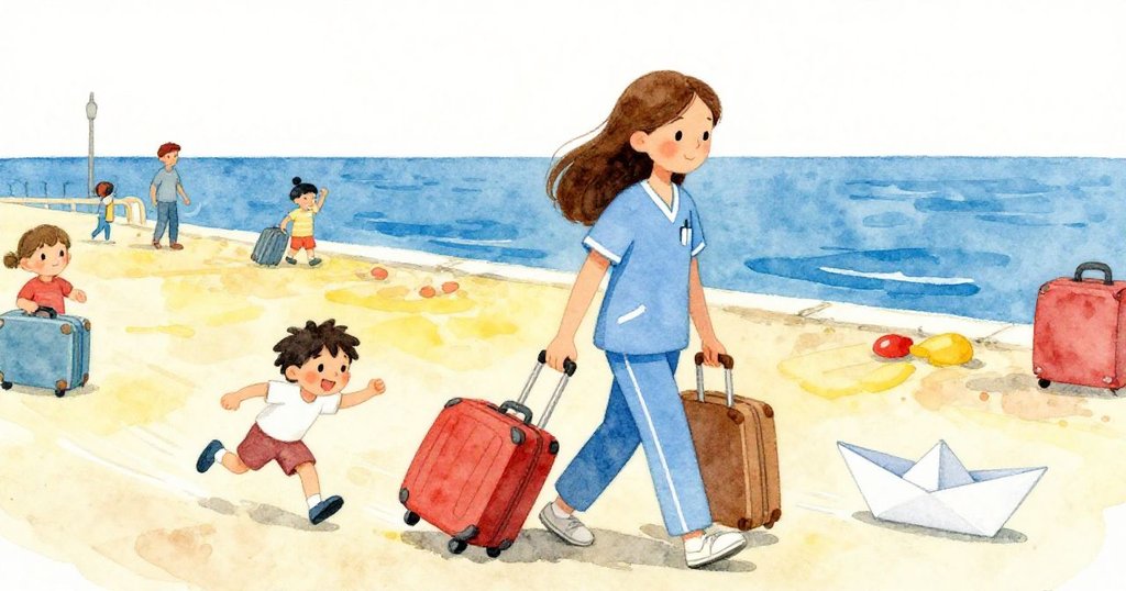 Celia在熱鬧碼頭中穿行，周遭行李滾動、孩子追逐紙船，動感軌跡彰顯忙碌氛圍和她穩健步伐。