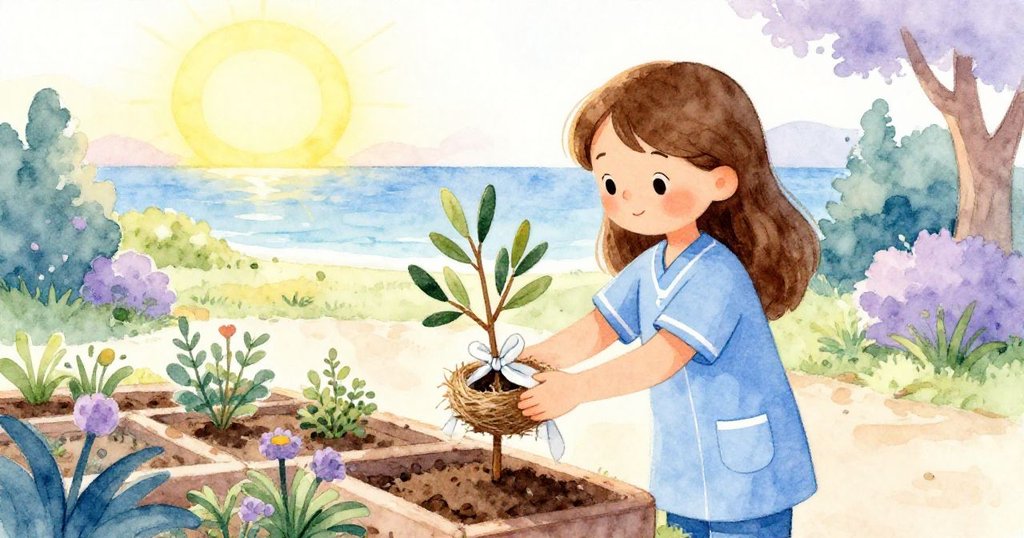 Celia走入靜謐庭院，在夕陽映照下將新植橄欖樹苗穩妥安放，細心用圍巾固定鳥巢，場景充滿希望與平靜。