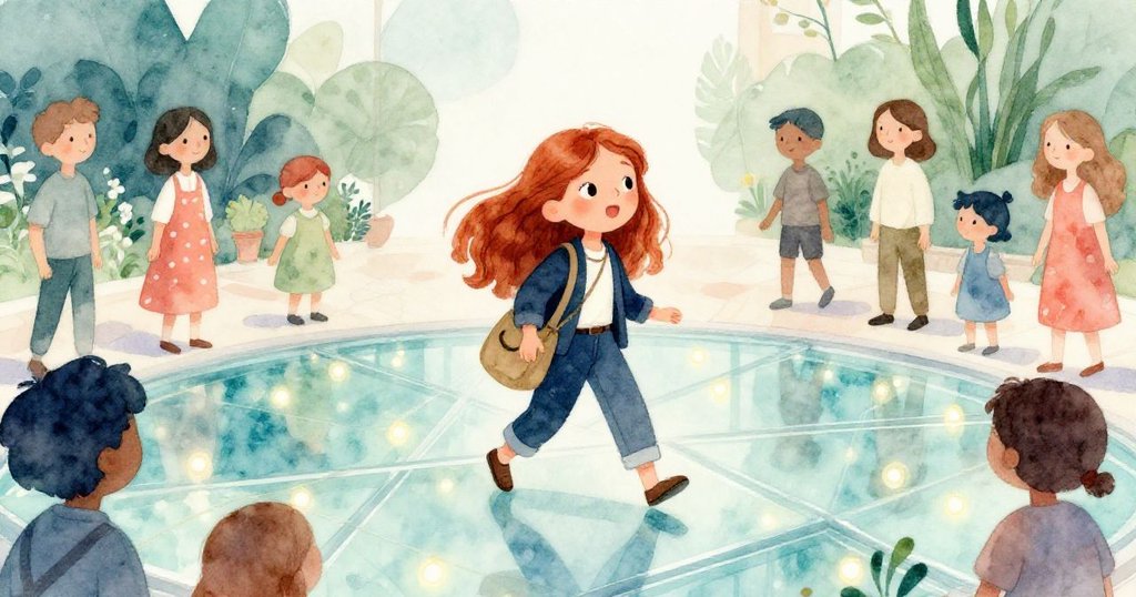 莉奧拉充滿好奇地踏入燈光閃爍的廣場，背景訪客與亮麗燈點映出故事開始的溫馨場景。