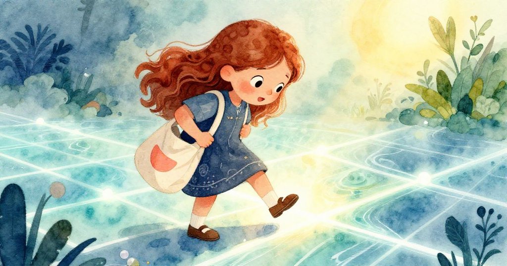 莉奧拉調整帆布包並輕敲燈網，鞋步激起繽紛色彩漣漪，展現故事發展中的活力互動。