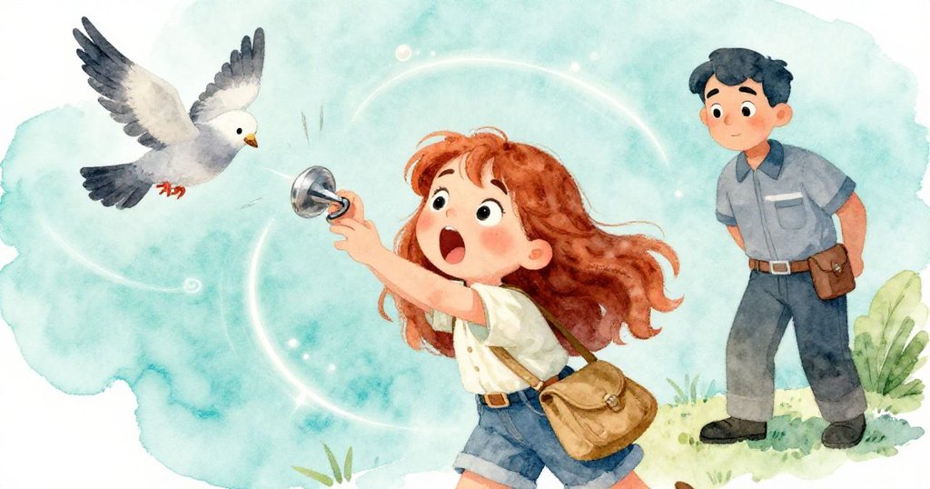 莉奧拉驚愕注視金屬玩具滑落，鴿子俯衝破喧囂，背景維修工忙修電纜，燈光旋渦呈現高潮場面。