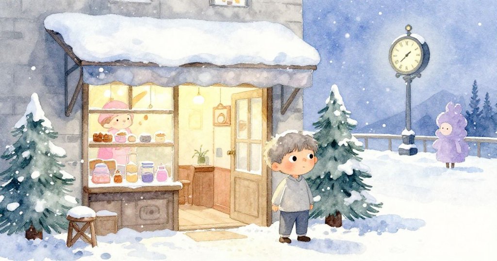 Leo輕步進入古舊麵包店,晨曦中麵粉如雪飄舞,背景中傳來港鐘聲,展現故事序章的期待。