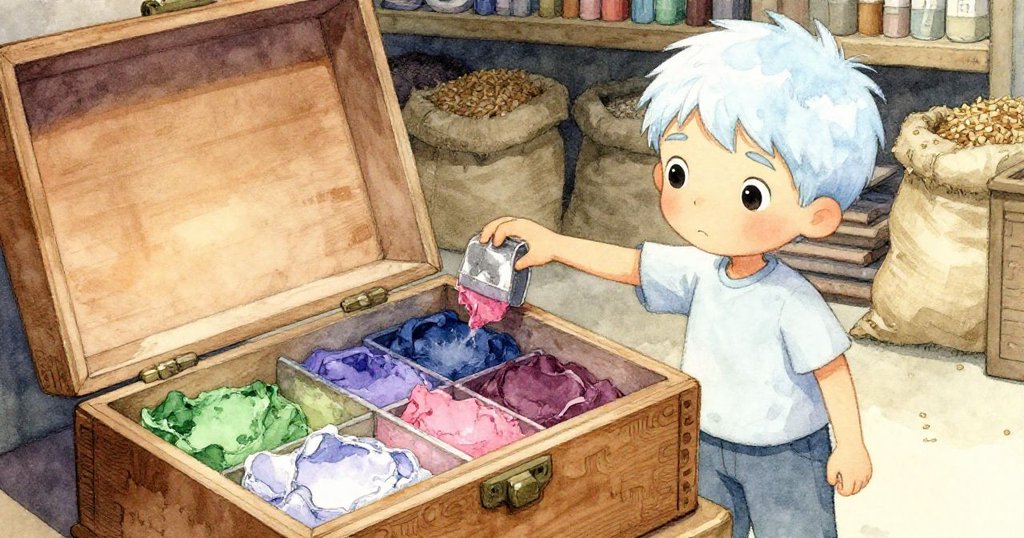 Leo在狹小儲藏室中輕提古木箱,箱內顏料閃爍著神秘光芒,表情充滿期待,鋪陳故事發展伏筆。