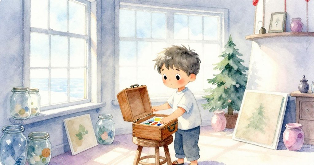 Leo走進燈塔工作室,將顏料箱放在木凳上,陽光透窗灑落,工作室充滿藝術氛圍,故事邁向轉折。