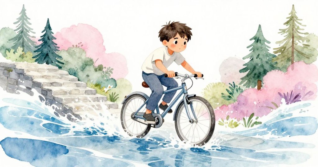 Leo急速騎車衝過湧上石階的潮水,全力奔跑展現決心與勇氣,動感場景突顯冒險高潮。