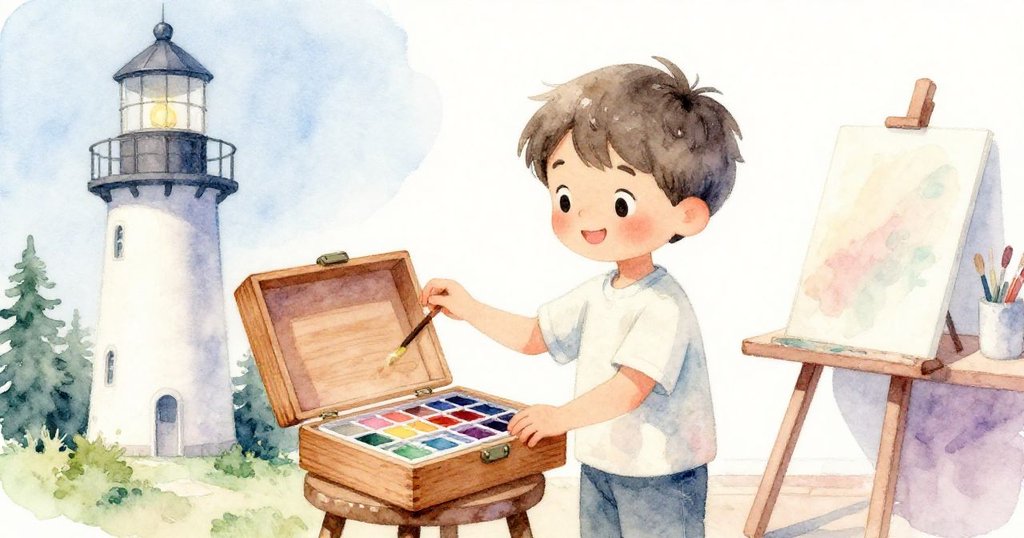 Leo與畫家在燈塔工作室溫暖重逢,顏料箱靜放木凳上,陽光灑進窗戶映出彼此欣慰微笑,敘述結局美好。