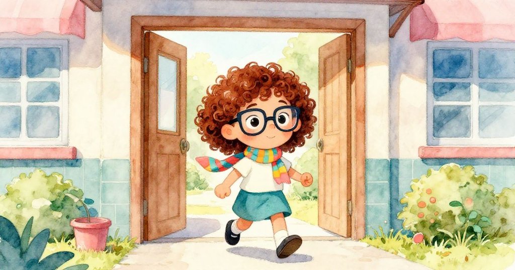 在明亮的中午,Liora充滿好奇心地穿過學校大門,背景是充滿生氣的走廊,神情堅定而充滿期待。