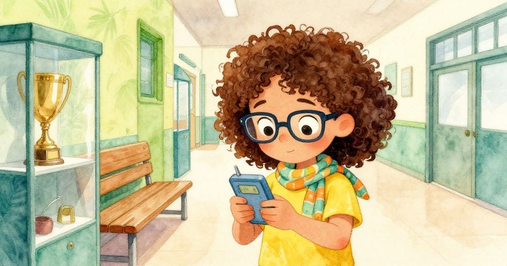 Liora小心翼翼地在木製長椅上放置錄音裝置,背景是閃亮的獎盃櫃,充滿溫暖與歷史感,準備捕捉聲音節奏。