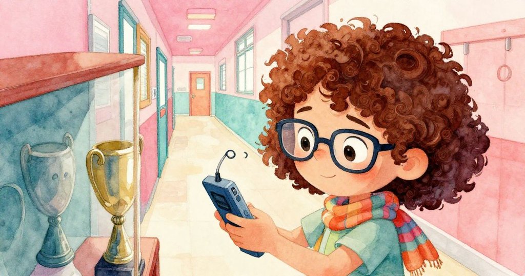 從小鳥的視角看,Liora聚精會神調整錄音器,站在獎盃櫃旁,走廊充滿期待與溫暖光影。