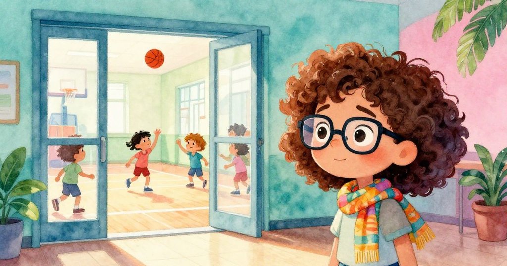 Liora靠近玻璃雙門,從體育館傳來籃球有節奏的彈跳聲,驚喜中捕捉聲音的律動與學校活力。