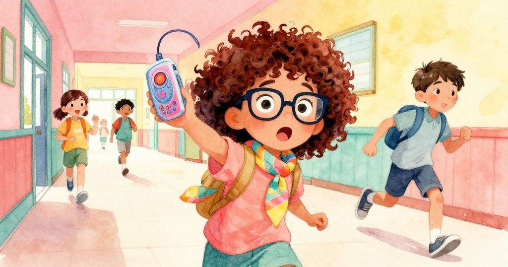 在喧鬧走廊中,一名八年級學生快速滑動撞到Liora,她驚訝中伸手接住掉落的錄音器,動感十足。