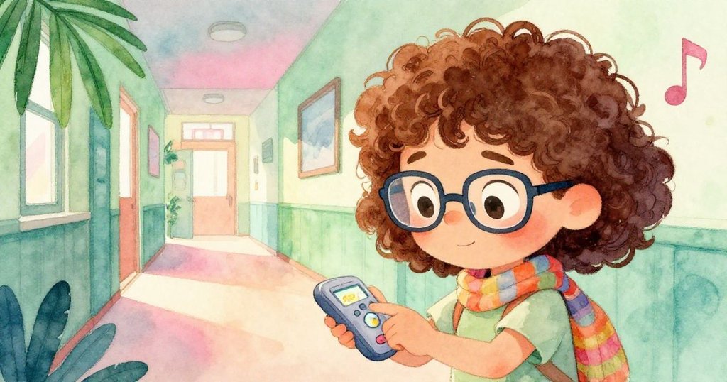 Liora溫柔按下錄音器按鈕,背景聲音沉寂,臉上露出滿足微笑,象徵學校隱藏的音樂靈魂與和諧結局。