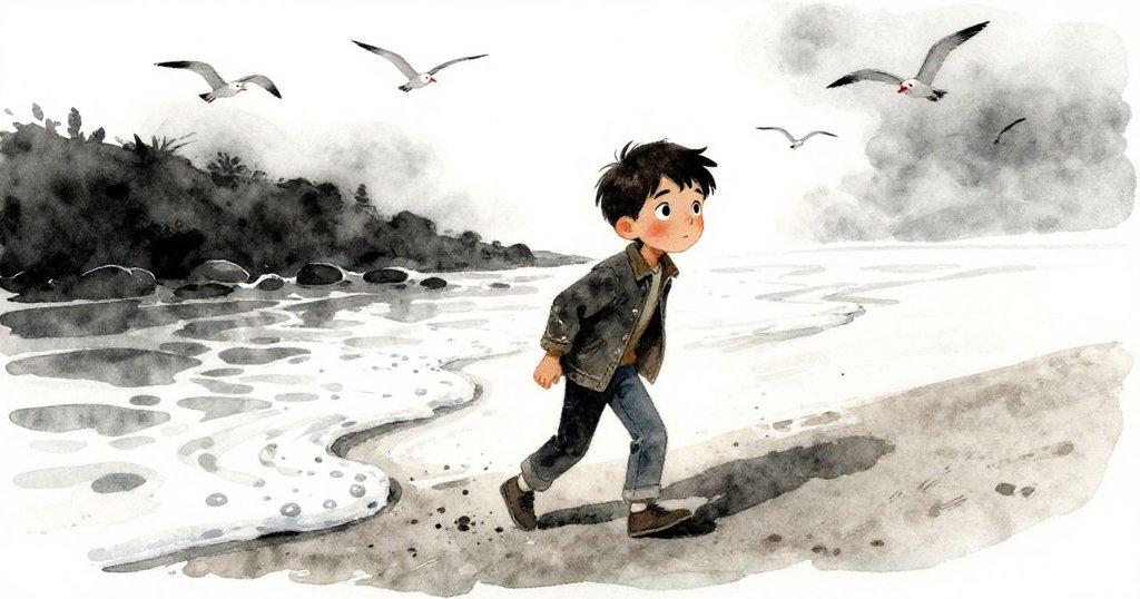 Milo在黎明時抵達海邊,肩挑帆布袋,滿懷好奇探索,海鷗飛舞與波浪輕拍沙灘,初晨充滿神秘氣息。