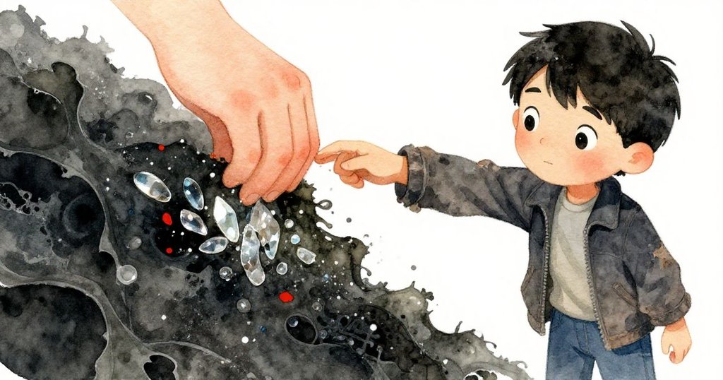 Milo蹲下用手翻動海藻,發現閃閃發光的玻璃碎片,專注檢查細節,海灘濕潤氣息濃厚。