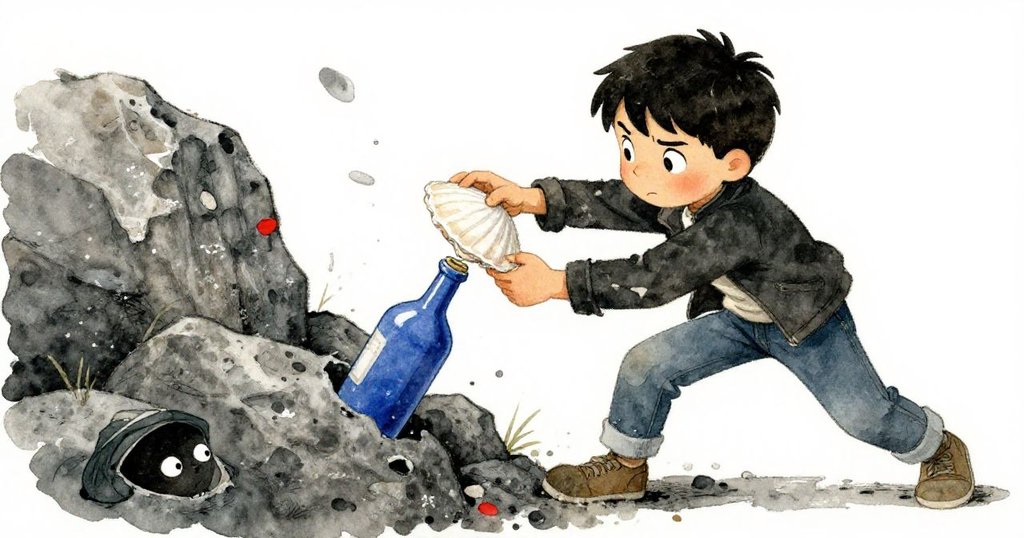 Milo用貝殼努力撬開岩石間卡住的藍瓶,臉上滿是緊張與堅定,潮水和岩石交織出動感場景。