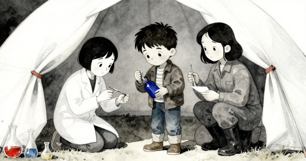 Milo將藍瓶交給研究助理,白帳篷內志工們忙碌整理,燈光柔和映照出彼此期待與專注神情。