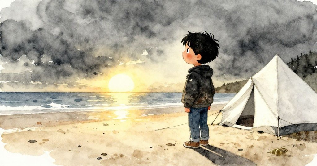 夕陽映照下,Milo靜立在沙灘上沉思,一旁帳篷與海景交織出平靜溫馨的黃昏氛圍。