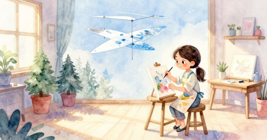 米拉在充滿溫暖午後光線的美術教室中,靜靜調整未完成的太陽系模型,環境中有木桌、椅子及美術工具,展現期待開始創作的寧靜時刻