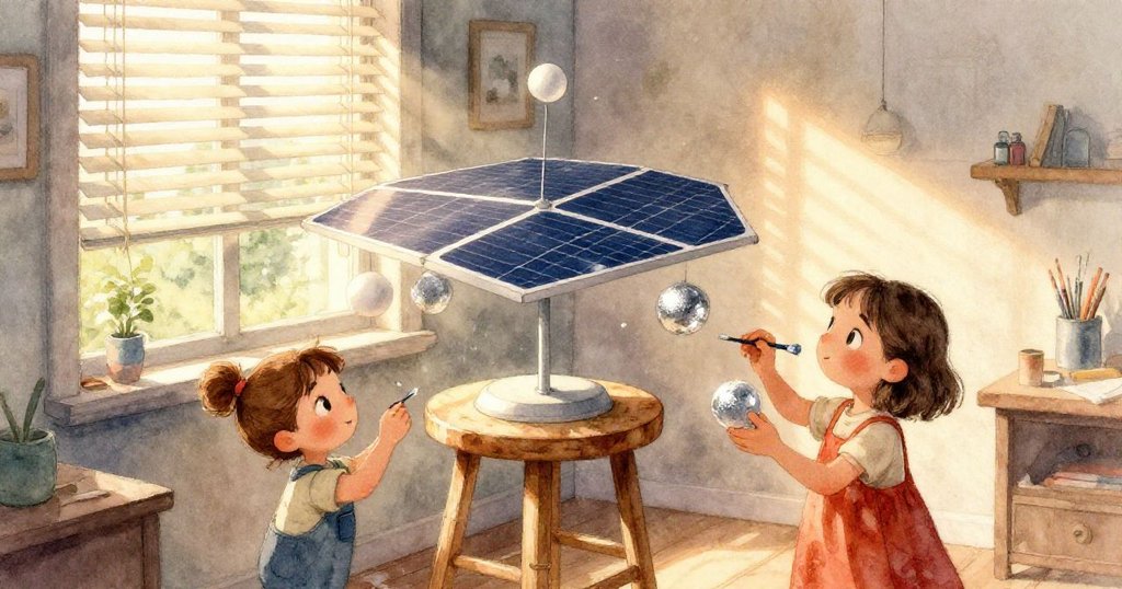 在米拉的太陽系模型中,從奇異視角觀察到一根輕盈羽毛悄然飄落至木星表面,展現出魔幻與動感的美妙瞬間,引人入勝