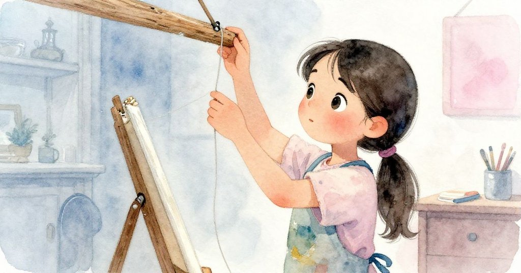 米拉回憶中專心調整木樑和綁繩,透過修剪釣線和擺放細木片,捕捉反思與堅持創作的決心,室內環境充滿科學儀器與工藝痕跡