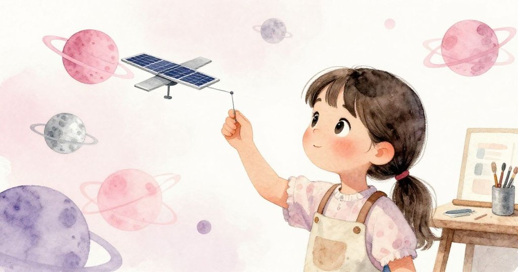 米拉驚訝地望著教室內隨輕風轉動的太陽系模型,行星有序運動,意外景象彰顯了創作成功後的喜悅與奇妙魔法時刻