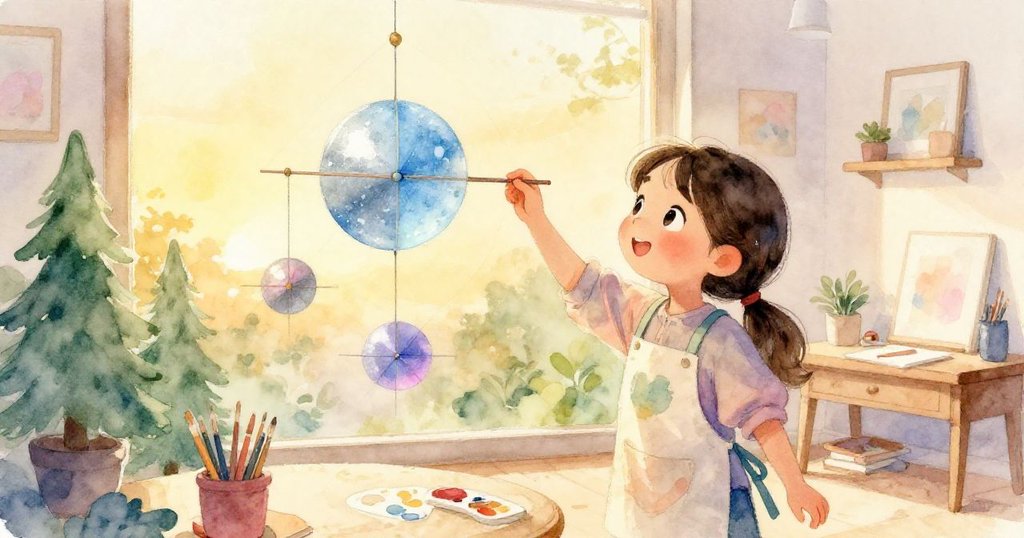 米拉在夕陽餘暉中滿懷喜悅地欣賞完成的太陽系模型,行星穩定旋轉,溫暖光影灑滿整個教室,預示未來更多創作可能