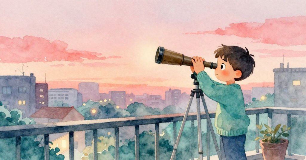 李奧在夕陽染紅的陽台上調整望遠鏡，背景呈現橘粉與藍紫調，充滿期待與溫馨情緒。