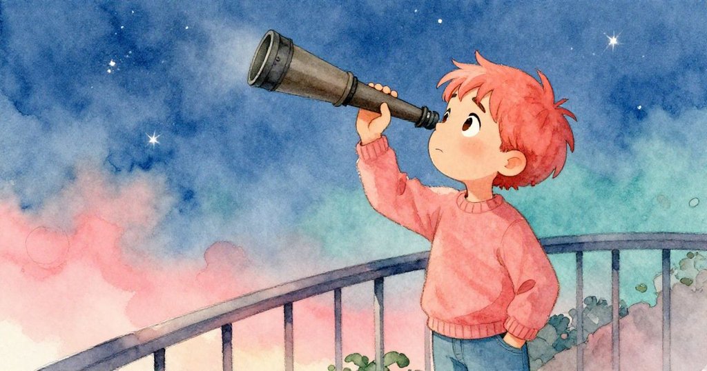 從高處俯視，李奧在陽台上調整望遠鏡，背景出現初星光與藍夜，臉上露出堅定與些許憂慮。