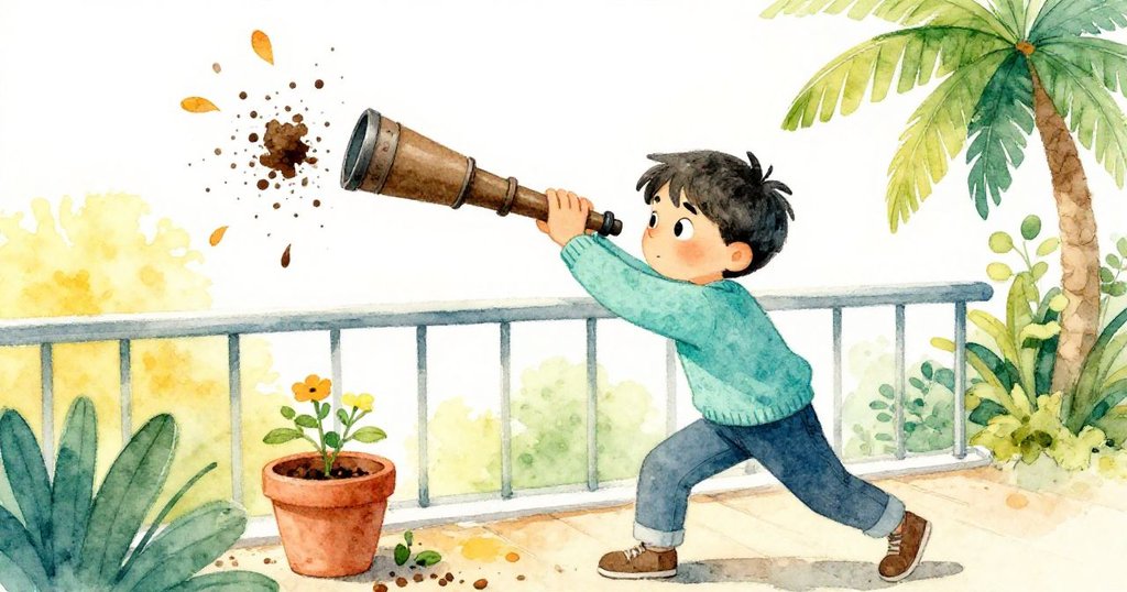 李奧在陽台上拖動望遠鏡時不慎撞翻花盆，泥土與小花飛舞，充滿忙亂與小意外的驚訝情緒。