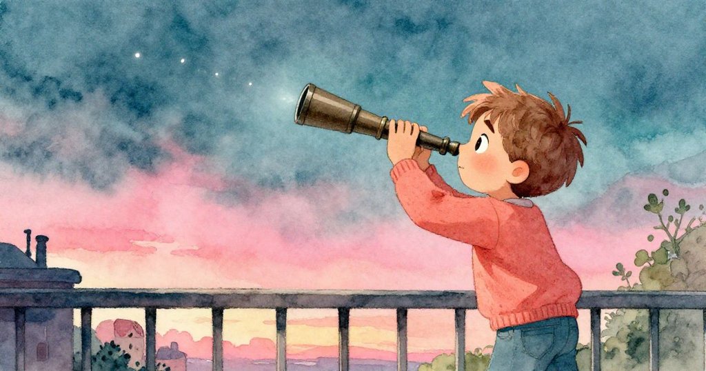 李奧在夕夜陽台上果斷調整望遠鏡方向，追尋神秘亮點，臉上充滿驚喜與決心，背景星光閃爍。