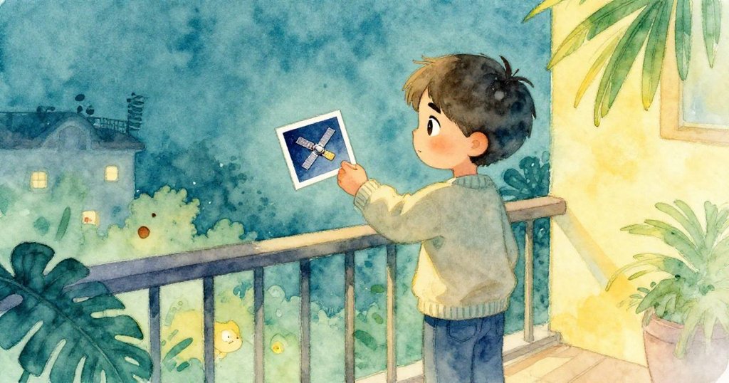 李奧在夜晚陽台前，手持印有衛星影像的照片，臉上流露平靜與滿足，背景有散去雲層和街燈微光，象徵任務完成。