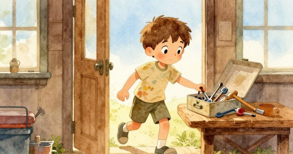 米羅在溫暖背廊門口動作活潑地打開工具盒,陽光灑落木桌上展現滿懷期待的冒險開始。