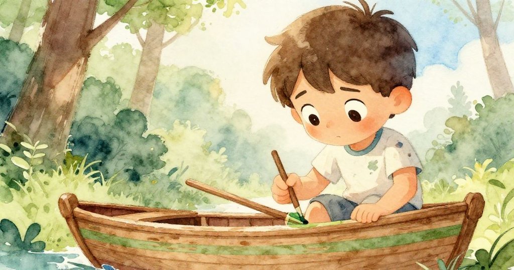 米羅專注地用細筆為小木船上色,臉上透露堅毅與期待,展現製作進程的細膩情感。