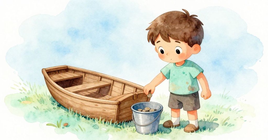 米羅從背後專注地調整船隻,在水桶中放入硬幣以保持平衡,手部細緻動作展現探索精神。