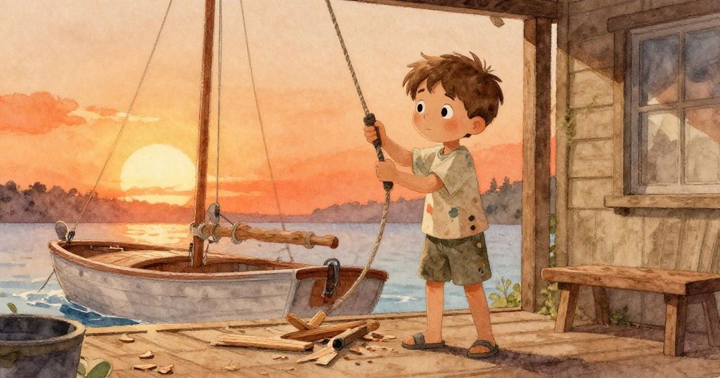 米羅在溫暖夕陽色調的門廊上細心修剪船桅,木屑輕落營造出懷舊情懷,心中滿是柔情記憶。